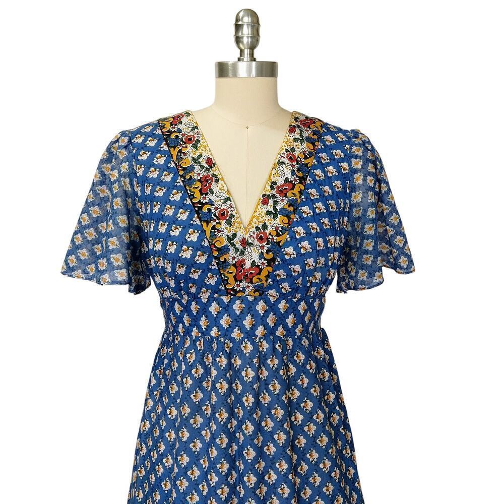 Vintage 70s Prairie Maxi Dress Size M 11 Blue Floral Calico Tiered Terri Juniors - Picture 4 of 12
